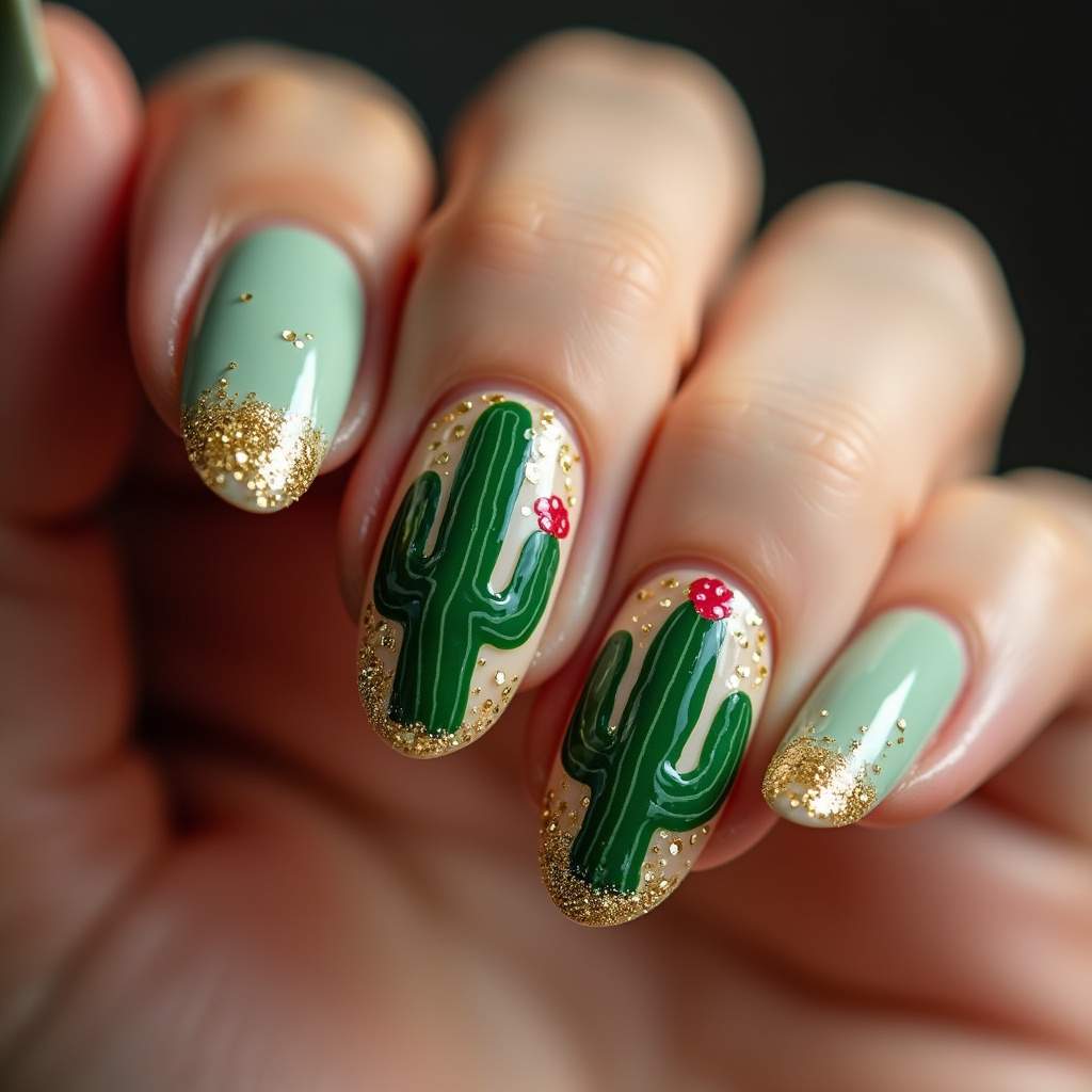 Cactus nail art with glitter, golden glitter, close-up, glamour, professional photography, 8K Unha decorada cactos com glitter dourado.
