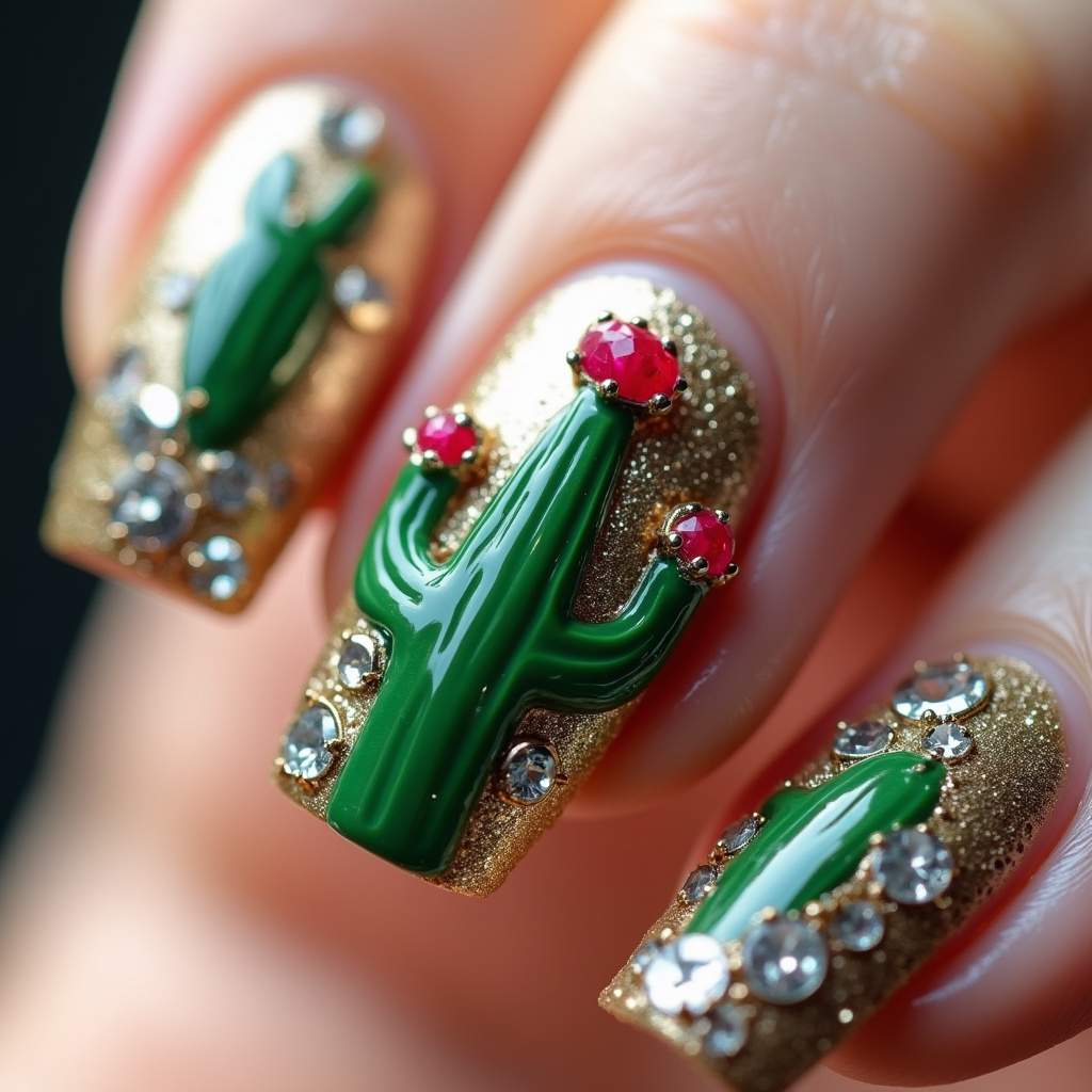 Cactus nail art with rhinestones, shiny, close-up, sophisticated, professional photography, 8K Unha decorada cactos com pedrarias.