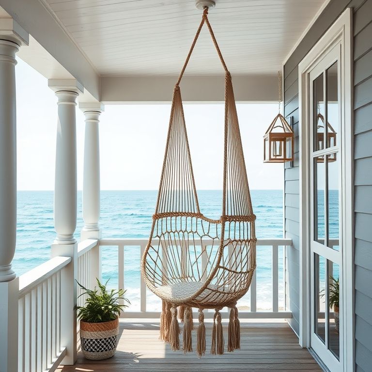 Cadeira suspensa de macramê feita com fio náutico resistente.