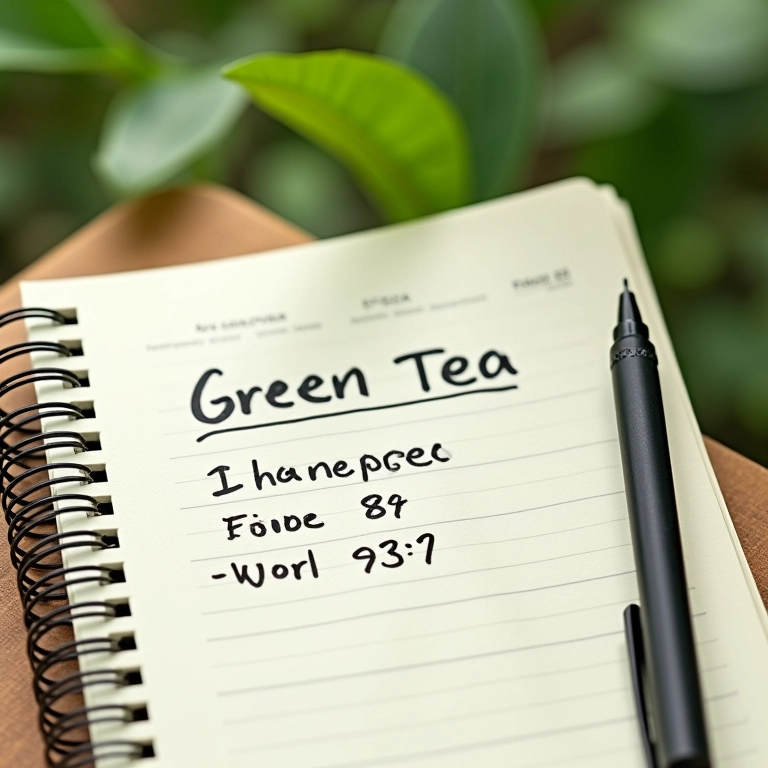 Caderno com anotação sobre o tempo de infusão do chá verde.