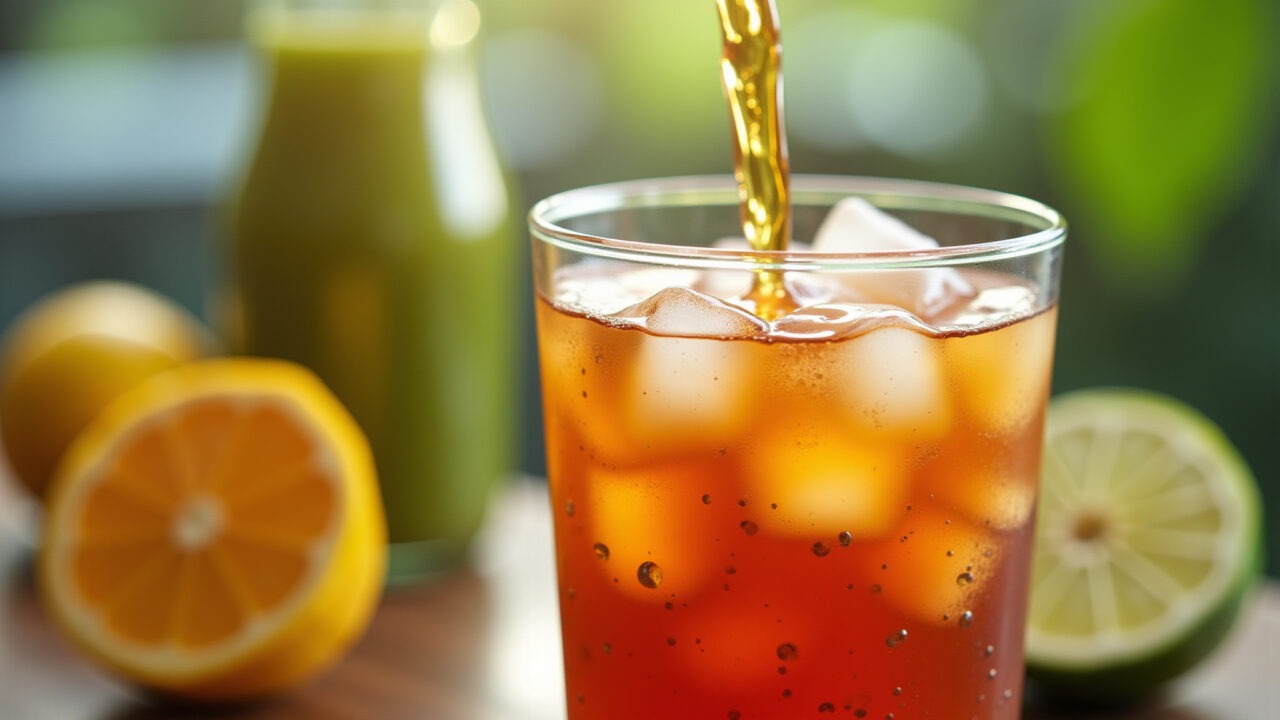 Cagaita leaf tea being poured into a glass, ice cubes, refreshing drink, bright and airy, natural Chá de cagaita gelado sendo servido.
