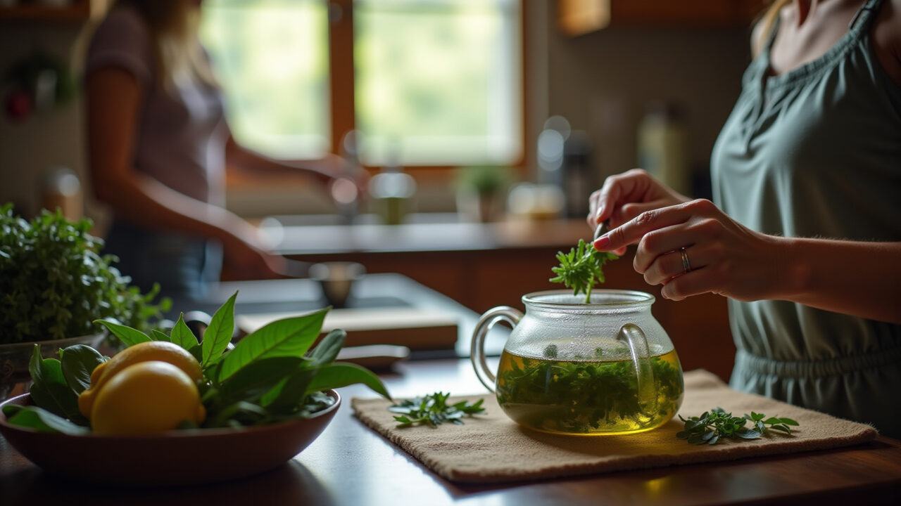 Cagaita leaf tea being prepared in a kitchen, woman in background, natural lighting, cozy Preparando chá de cagaita na cozinha.