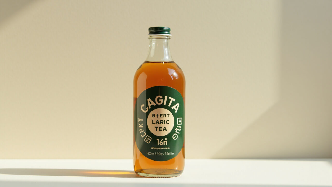 Cagaita leaf tea in a glass bottle, natural lighting, minimalist style, 8k, commercial photography, Chá de cagaita em garrafa de vidro.