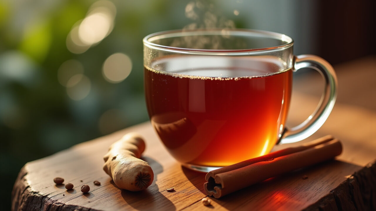Cagaita leaf tea with ginger and cinnamon, natural lighting, warm colors, 8k, professional Chá de cagaita com gengibre e canela.
