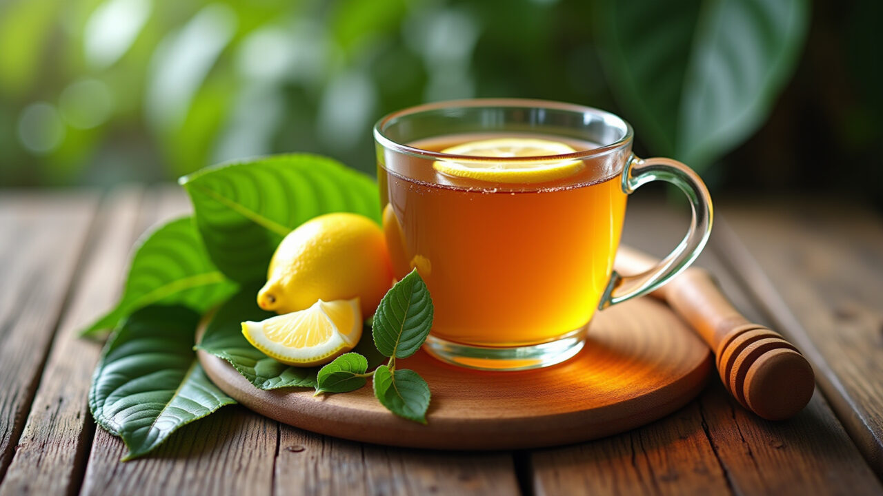 Cagaita leaf tea with lemon and honey, natural lighting, close-up, 8k, commercial photography, Chá de cagaita com limão e mel.