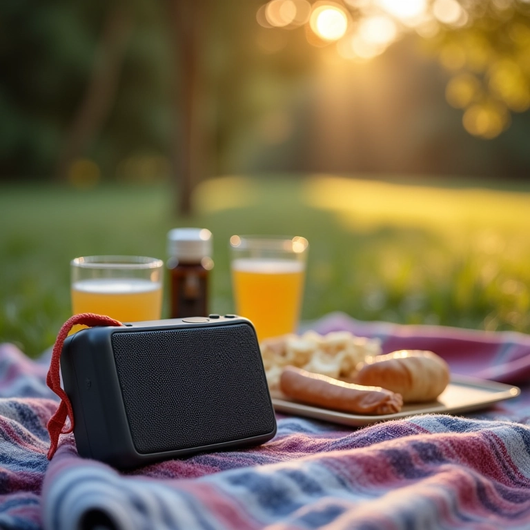 Caixa de som tocando música relaxante em piquenique.