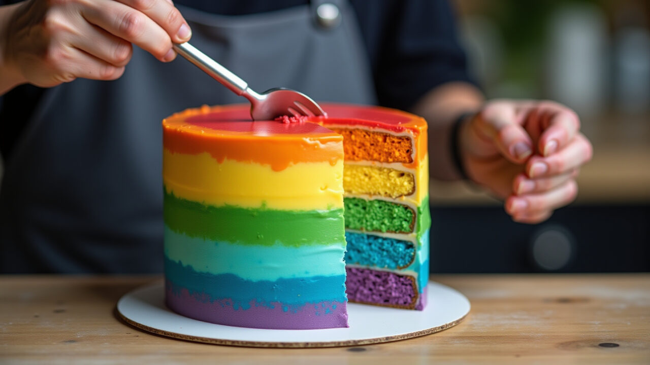 Cake artist creating vibrant color gradients on a chantininho cake. Professional photography, 8k Bolo com chantininho em degradê de cores vibrantes.