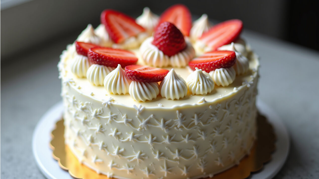 Cake decorated with sugar-free whipped cream, showcasing the possibility of decorating cakes Bolo decorado com chantilly sem açúcar
