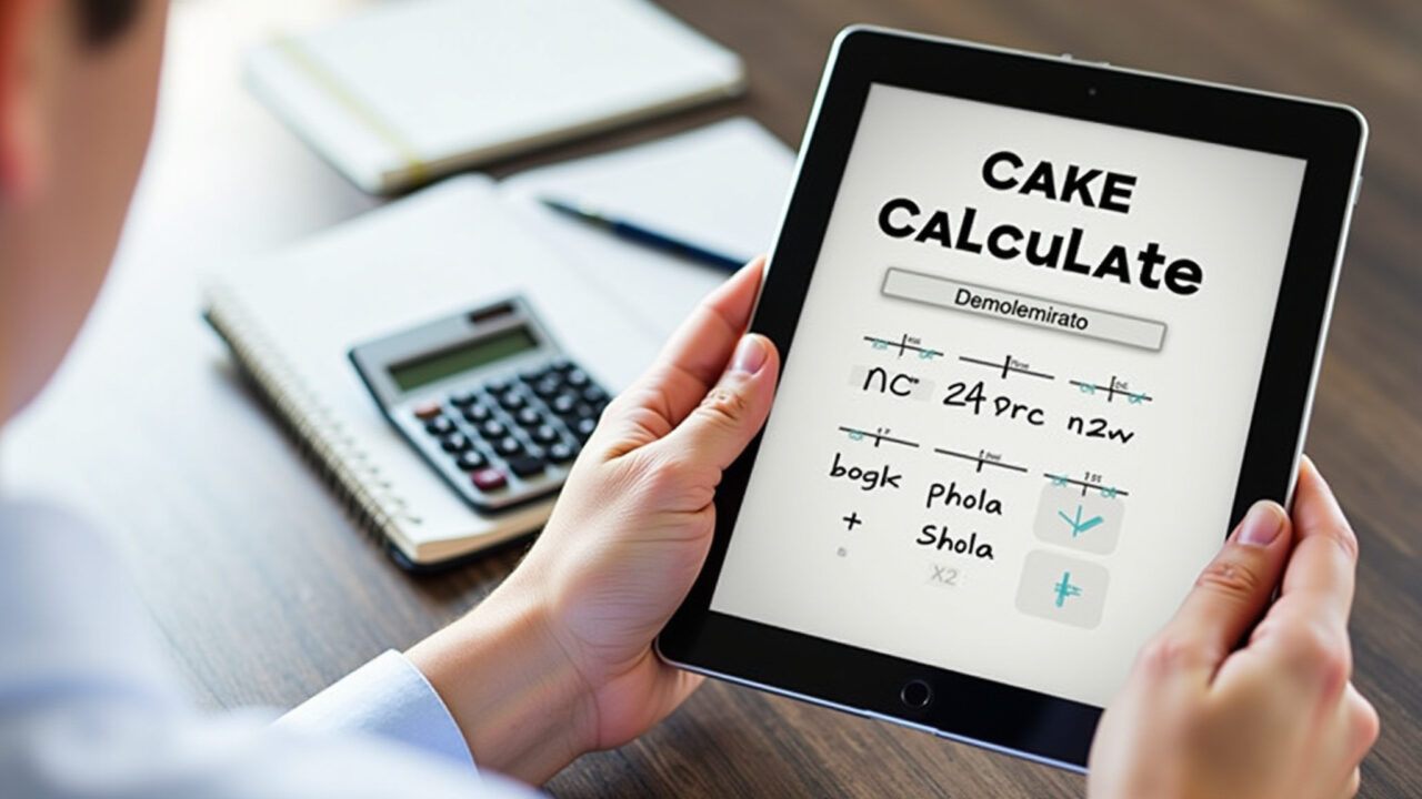 Cake pricing calculation, notebook, calculator, sharp focus, 8K quality, natural lighting, Precificação de bolos decorados com bico de confeitar.