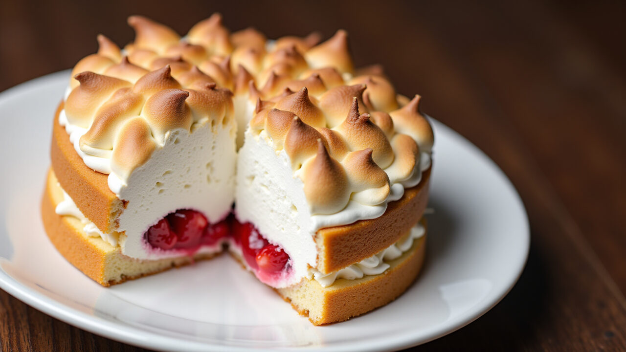 Cake with strawberry filling and crispy meringue, professional photography, 8K, sharp focus, Recheio de morango com suspiros crocantes.