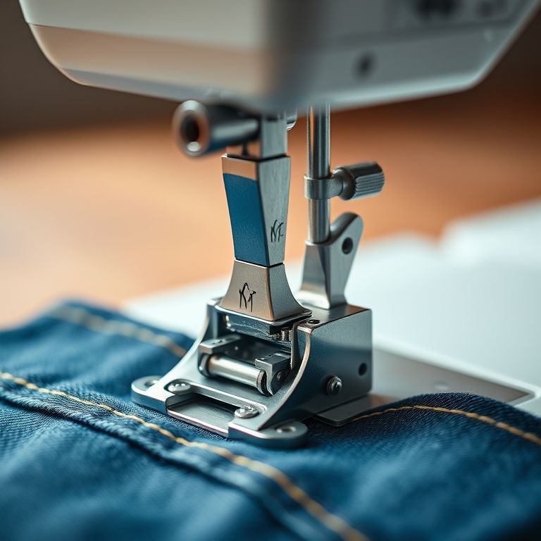 Calcador especial para jeans acoplado a uma máquina de costura doméstica.