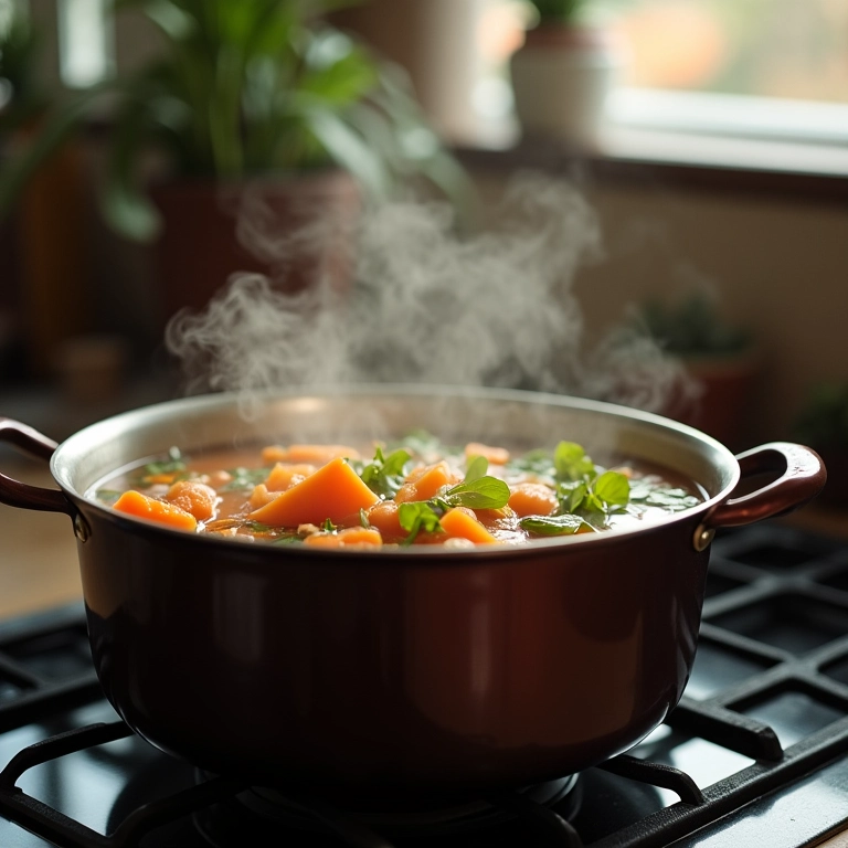 Caldo de legumes caseiro fervendo na panela.