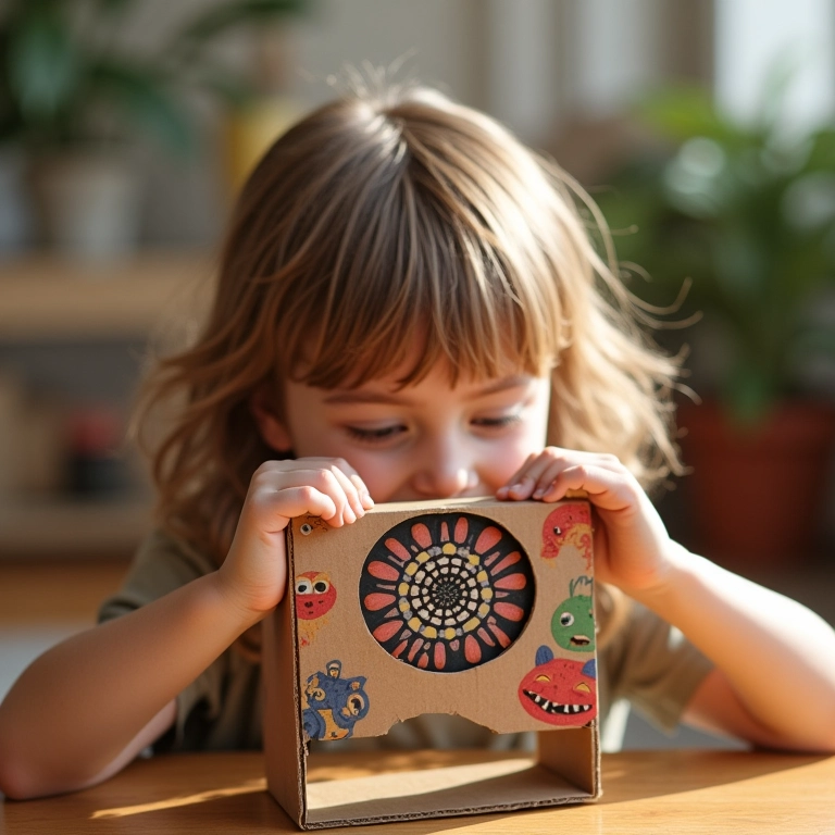 Caleidoscópio divertido feito com papelão para explorar cores e formas.