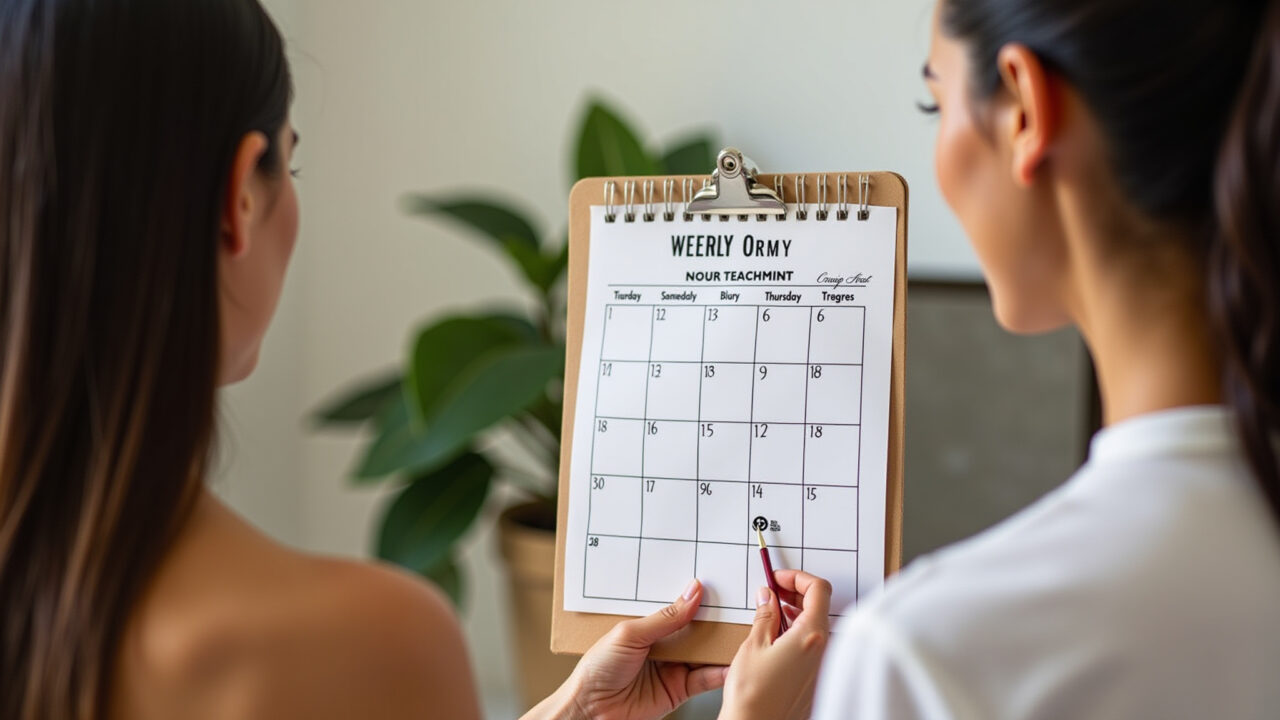 Calendar showing weekly hair treatment with okra. Woman checking schedule, natural light, lifestyle Calendário de tratamento capilar semanal com quiabo.