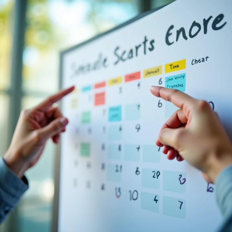 Calendário com blocos de tempo coloridos, mãos indicando tarefa específica.