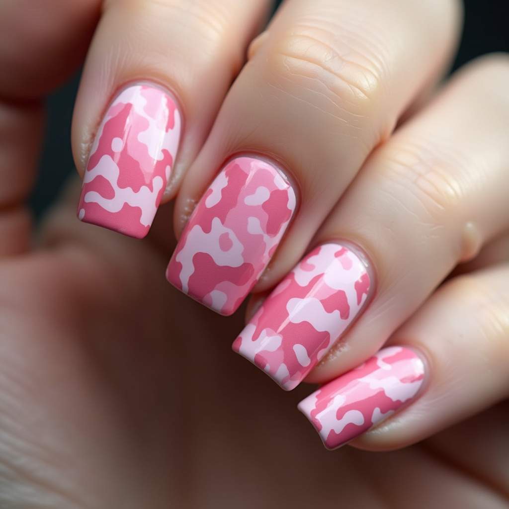 Camouflage nail art, pink tones, glossy finish, professional photography, 8K quality, sharp focus, Unha camuflada rosa delicada e feminina.