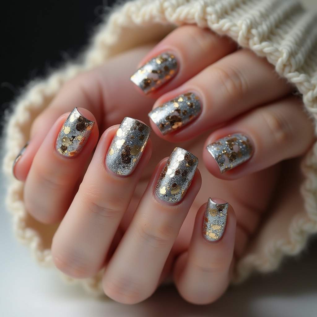 Camouflage nail art with glitter, gold and silver, glamorous look, professional photography, 8K Unha camuflada com glitter dourado e prata.