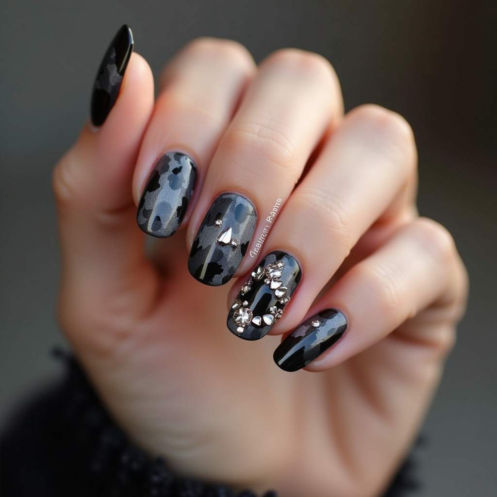 Camouflage nail art with rhinestones, extra sophistication, elegant details, professional Unha camuflada com pedrarias sofisticadas.