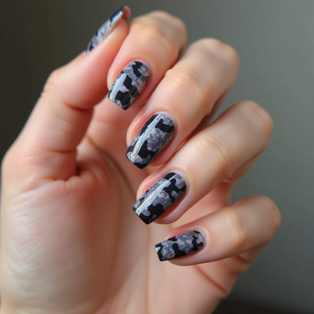 Camouflage nail art with stickers, easy application, stylish design, professional photography, 8K Unha camuflada com adesivos práticos e estilosos.