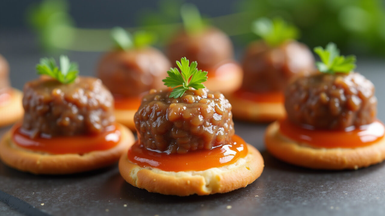 Canapés with hamburger meat, sweet and sour sauce, parsley, served on crackers, elegant Canapés com carne de hambúrguer e molho agridoce.