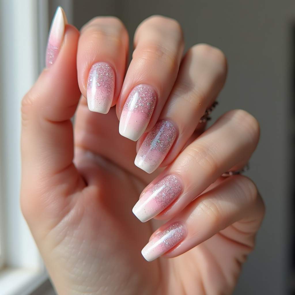 Candy color accent nail, pastel shades, glitter detail, natural lighting, 8K quality, sharp focus, Unhas candy colors com filha única: destaque sutil.