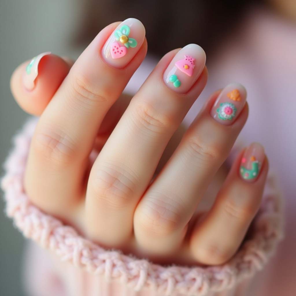 Candy color nails with cute stickers, pastel themes, natural lighting, 8K quality, sharp focus, Unhas candy colors com adesivos: praticidade e estilo.