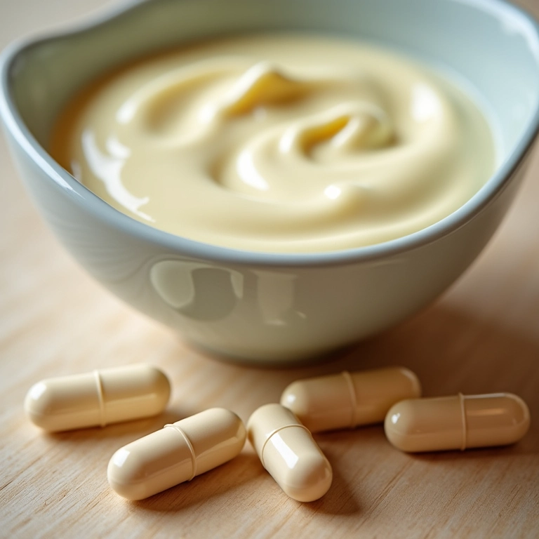 Cápsulas de probióticos ao lado de um pote de iogurte.