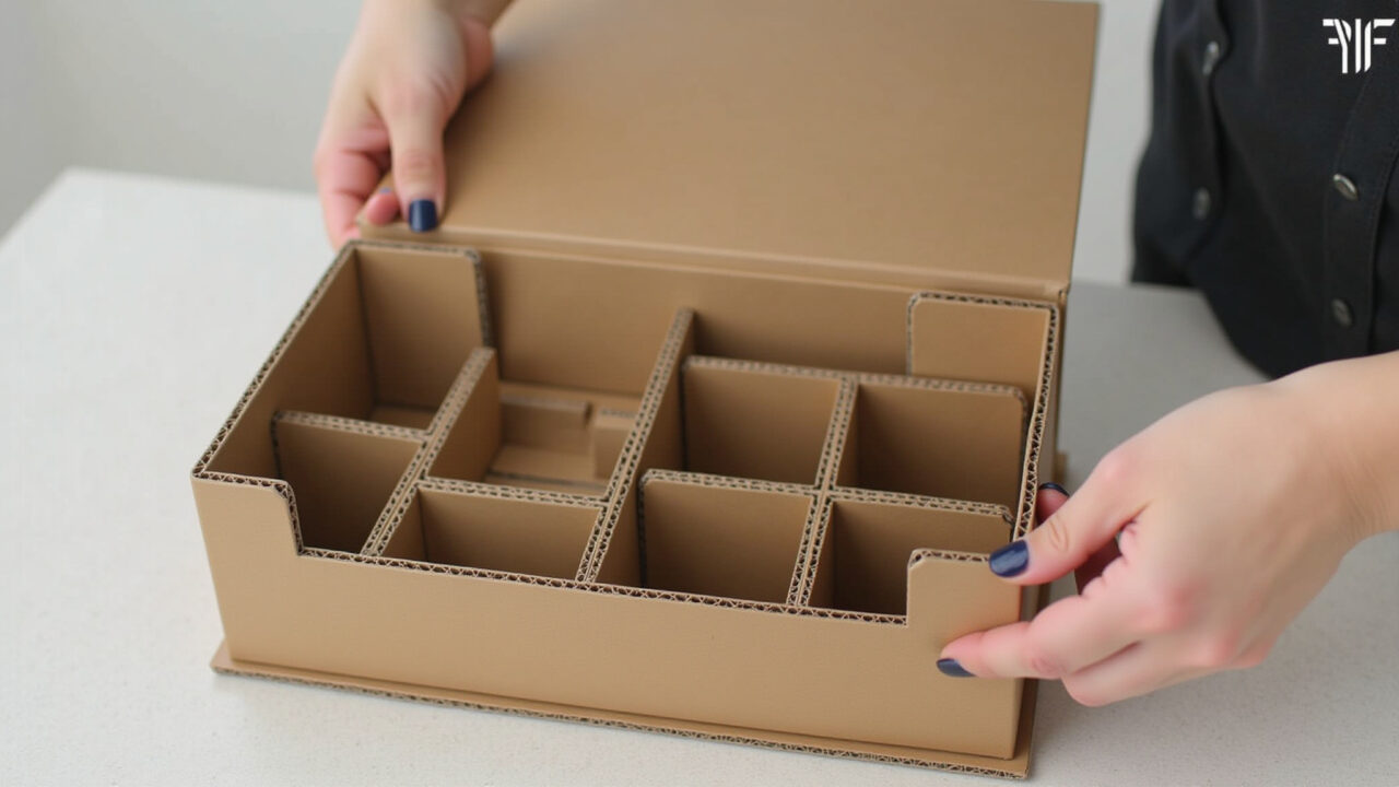 Cardboard makeup organizer with adjustable dividers, DIY, contact paper finish, 8k, sharp focus, Organizador de maquiagem com divisórias ajustáveis de papelão.