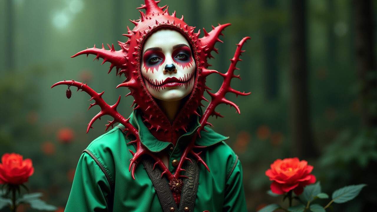 Carnivorous plant Halloween costume, green clothes, red details, black details, leaves, flowers, Planta carnívora: roupas verdes, folhas e maquiagem criativa.