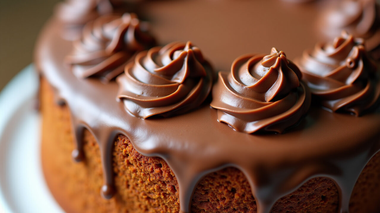 Carrot cake, chocolate frosting, creamy, professional photography, 8K quality, natural lighting, Bolo de cenoura com cobertura cremosa de chocolate e creme de leite.