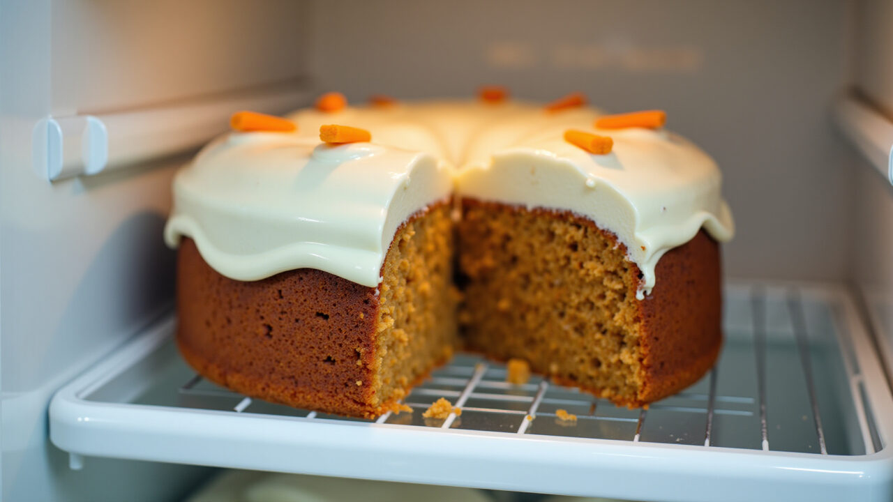 Carrot cake for babies stored in an airtight container in the refrigerator, natural light, 8k, Bolo de cenoura para bebê armazenado na geladeira.