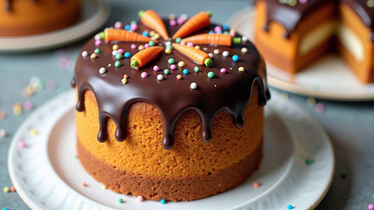 Carrot cake with chocolate frosting, party table, 8K quality, sharp focus, lifestyle photography, Bolo de cenoura com cobertura de chocolate para festa infantil.