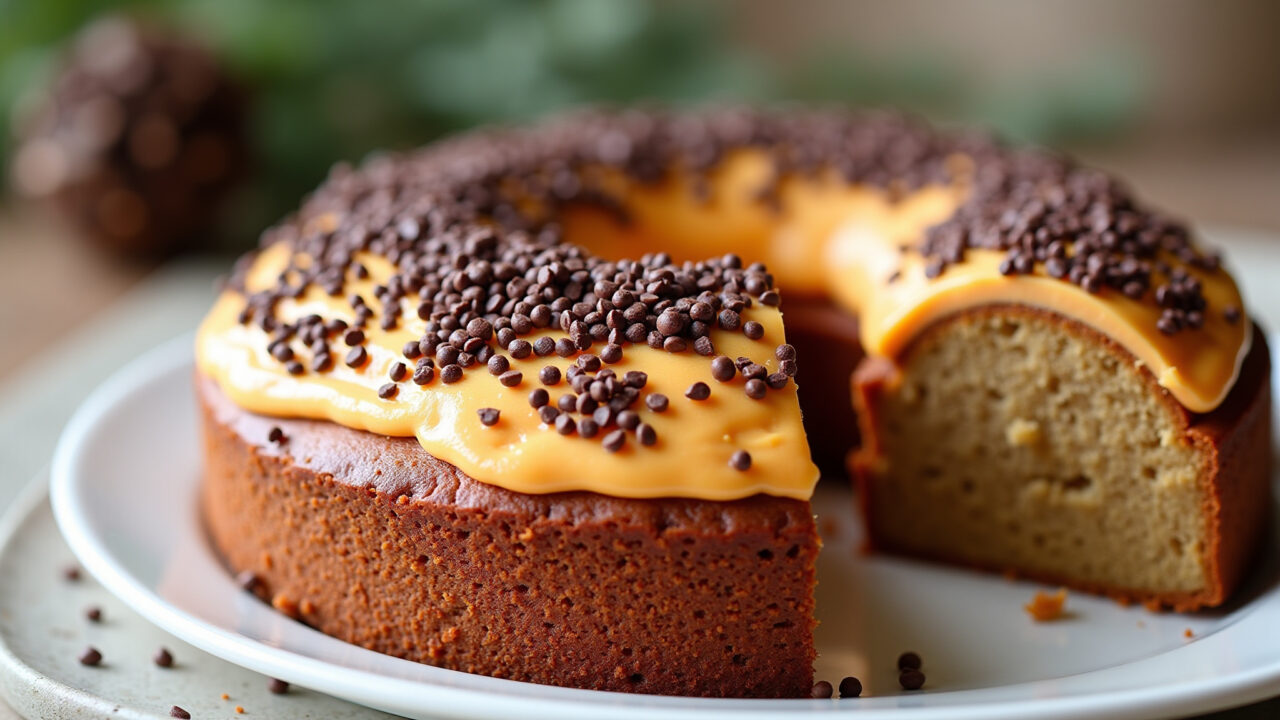 Carrot cake with chocolate sprinkles, close-up shot, festive decoration, kitchen setting, natural Bolo de cenoura com chocolate granulado.