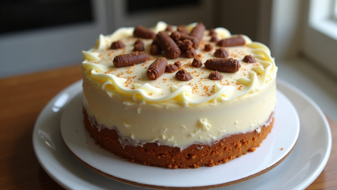 Carrot cake with creamy frosting, chocolate shavings, elegant presentation, kitchen setting, Bolo de cenoura com calda cremosa.