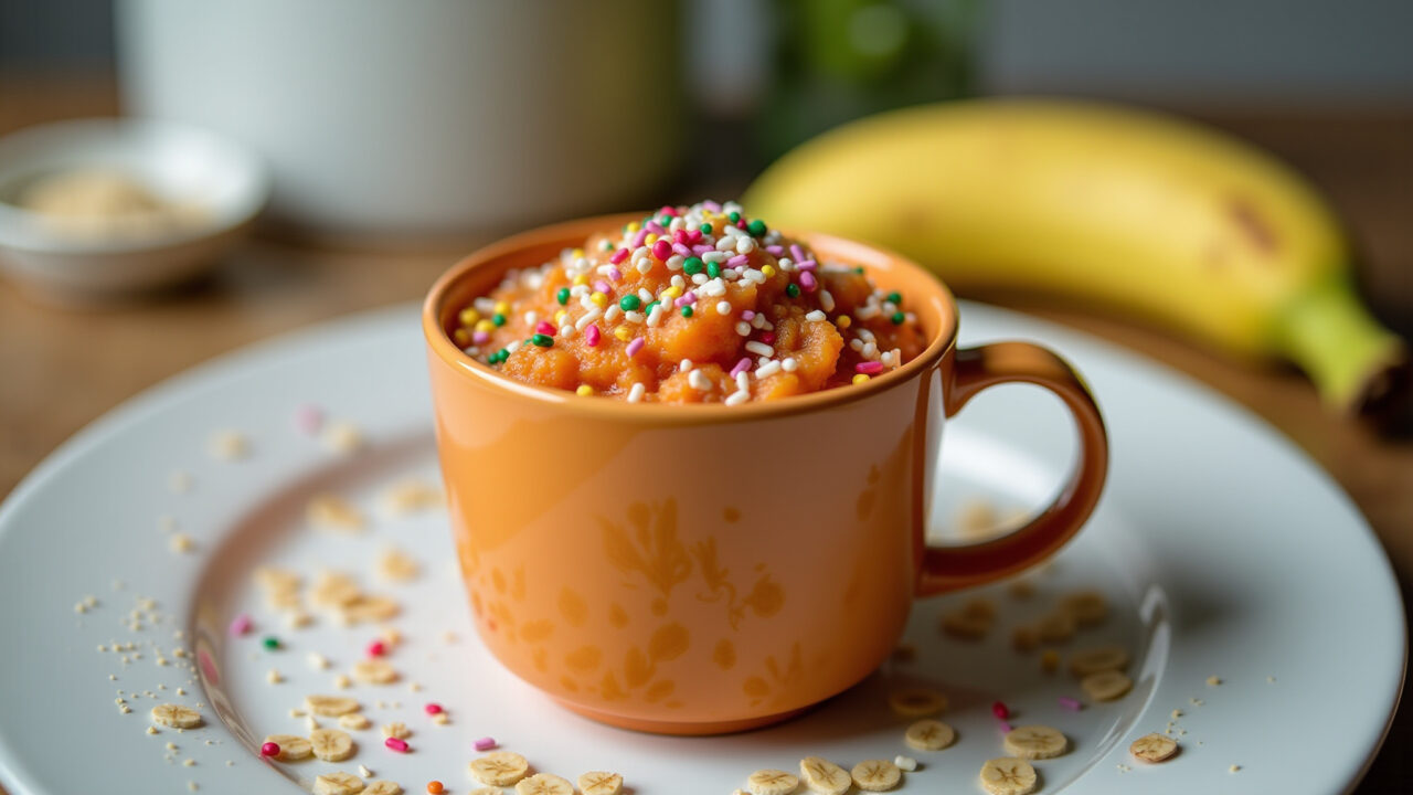 Carrot mug cake for kids, banana, oats, colorful sprinkles, fun presentation, 8k, sharp focus, Bolo de cenoura de caneca para crianças com banana.