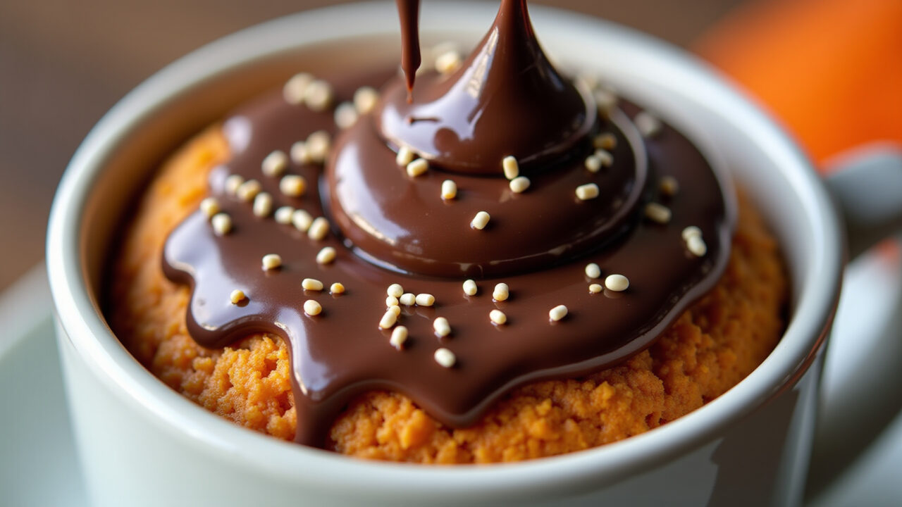 Carrot mug cake with chocolate frosting, melting chocolate, sprinkles, close-up shot, 8k, sharp Bolo de cenoura de caneca com cobertura de chocolate.