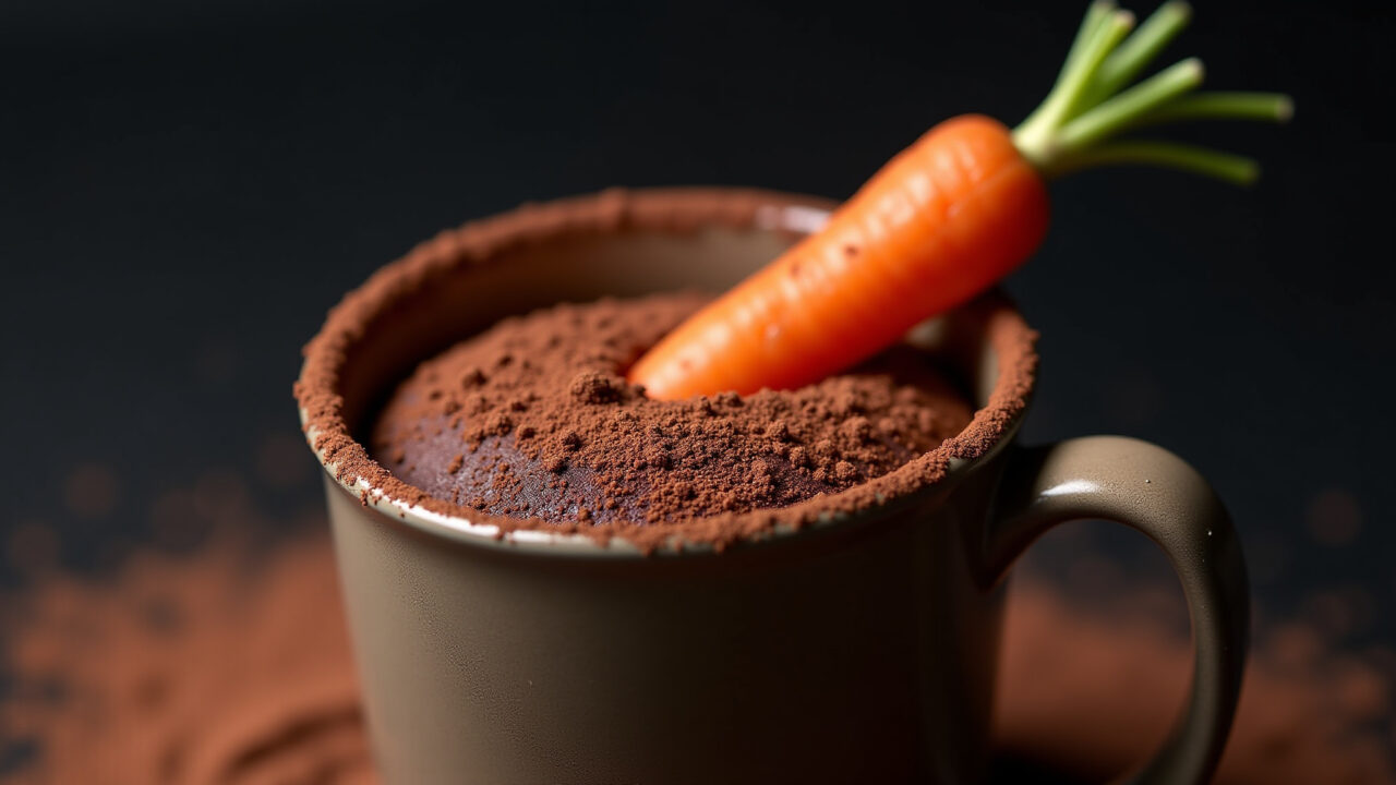 Carrot mug cake with cocoa powder, rich chocolate flavor, dark background, 8k, sharp focus, Bolo de cenoura de caneca com cacau em pó.