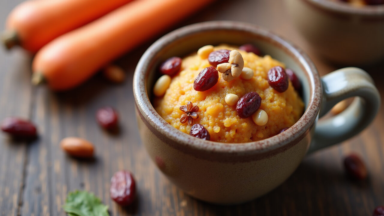 Carrot mug cake with dried fruits, nuts, raisins, rustic bowl, textured surface, 8k, sharp focus, Bolo de cenoura de caneca com frutas secas.