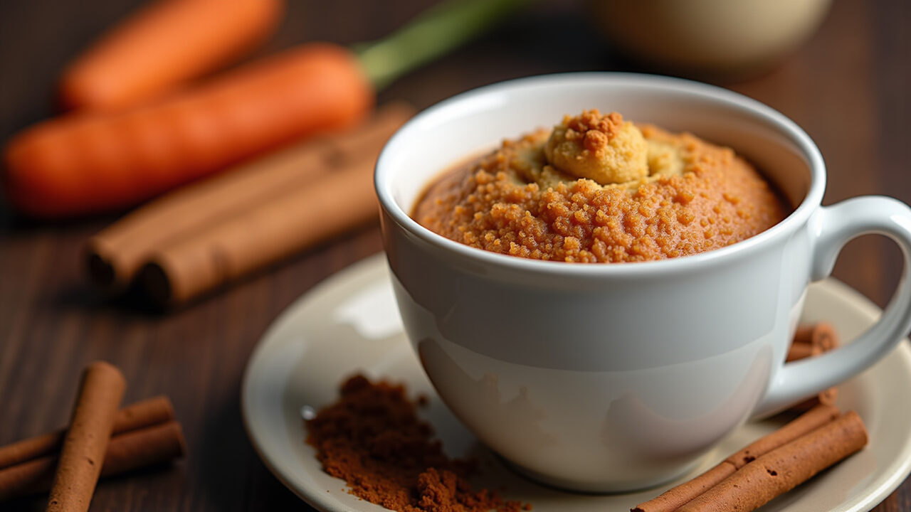 Carrot mug cake with spices, cinnamon, nutmeg, cozy setting, warm colors, 8k, sharp focus, Bolo de cenoura de caneca com especiarias.