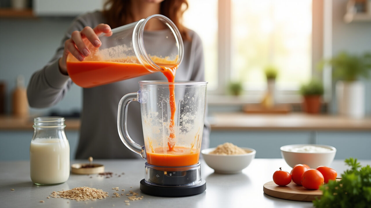 Carrot oat cake batter being poured into a blender, ingredients around, bright kitchen, natural Bolo de cenoura com aveia no liquidificador.