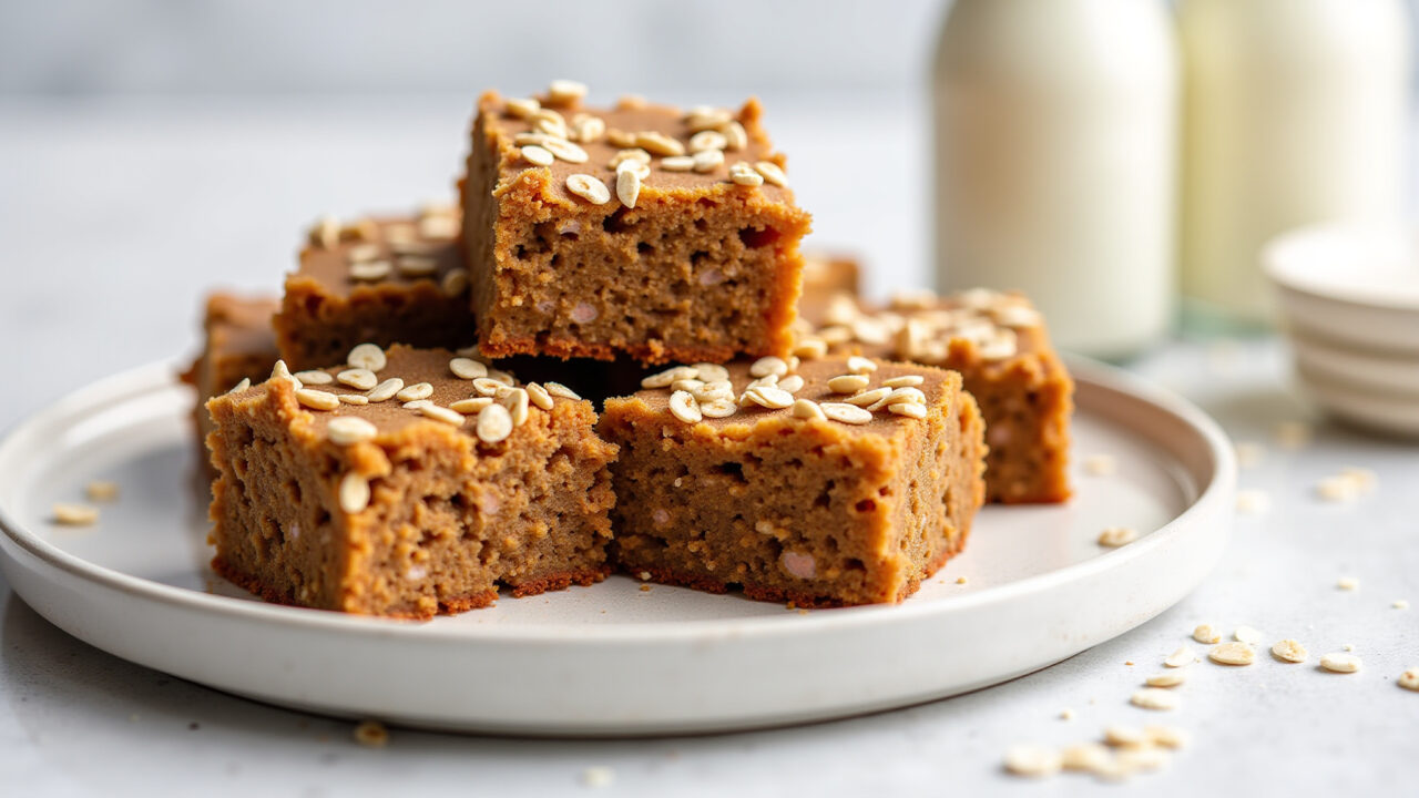 Carrot oat cake slices with natural sweetener (xylitol), vegan milk, gluten-free flour options, Bolo de cenoura com aveia para dietas especiais.