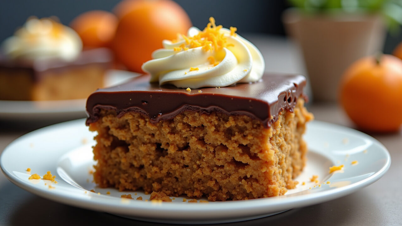 Carrot oat cake with chocolate frosting, cream cheese frosting, orange zest, gourmet presentation, Coberturas para bolo de cenoura com aveia.