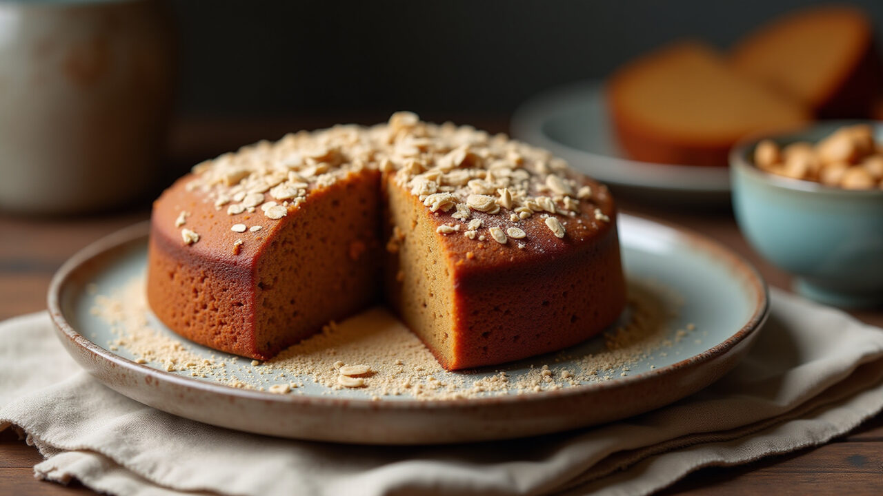 Carrot oat cake with whole wheat flour, rustic setting, focus on texture, natural light, 8K, Bolo de cenoura com aveia integral.