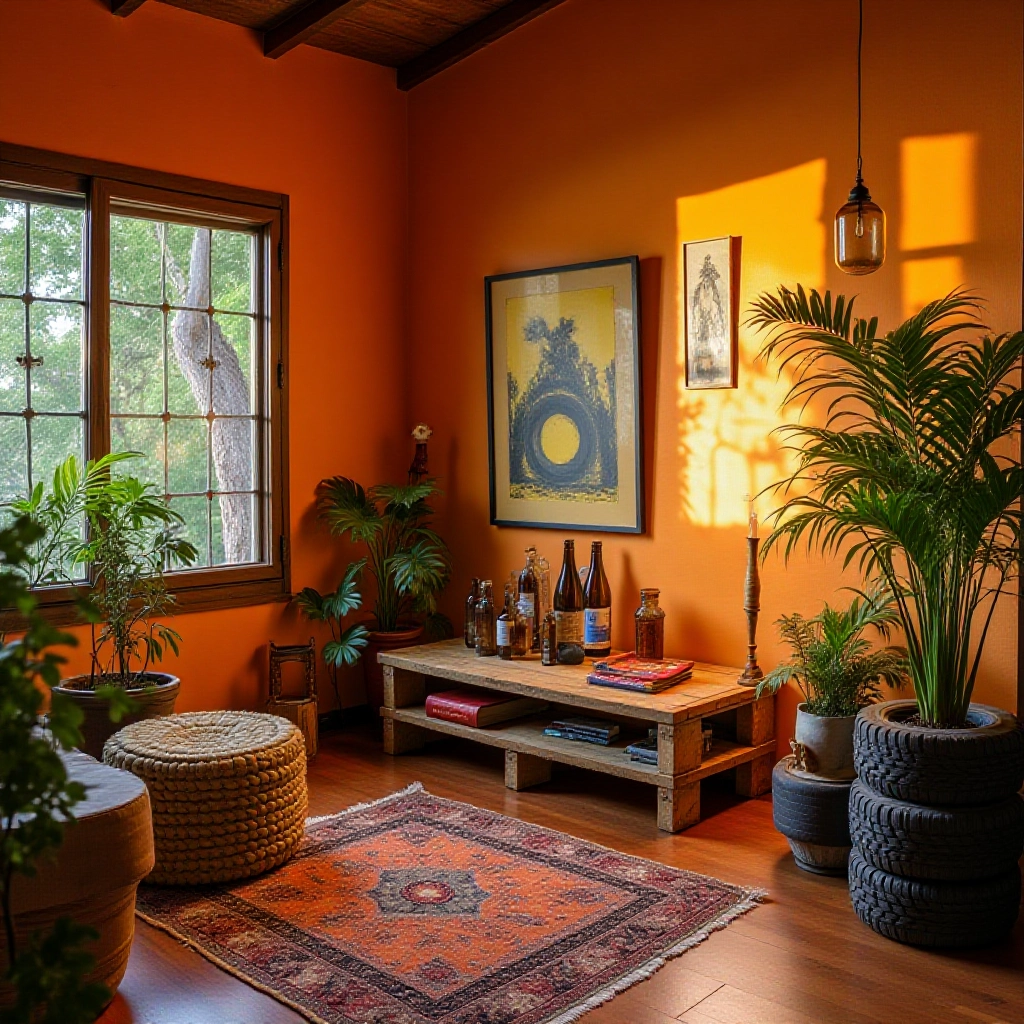 Casa brasileira com decoração reciclada: móveis de paletes, luminárias de garrafa e pneus transformados.