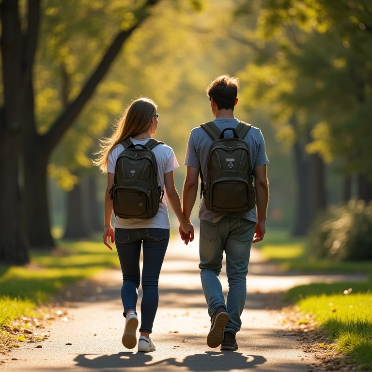 Casal caminhando no parque, roupas casuais, dia ensolarado.