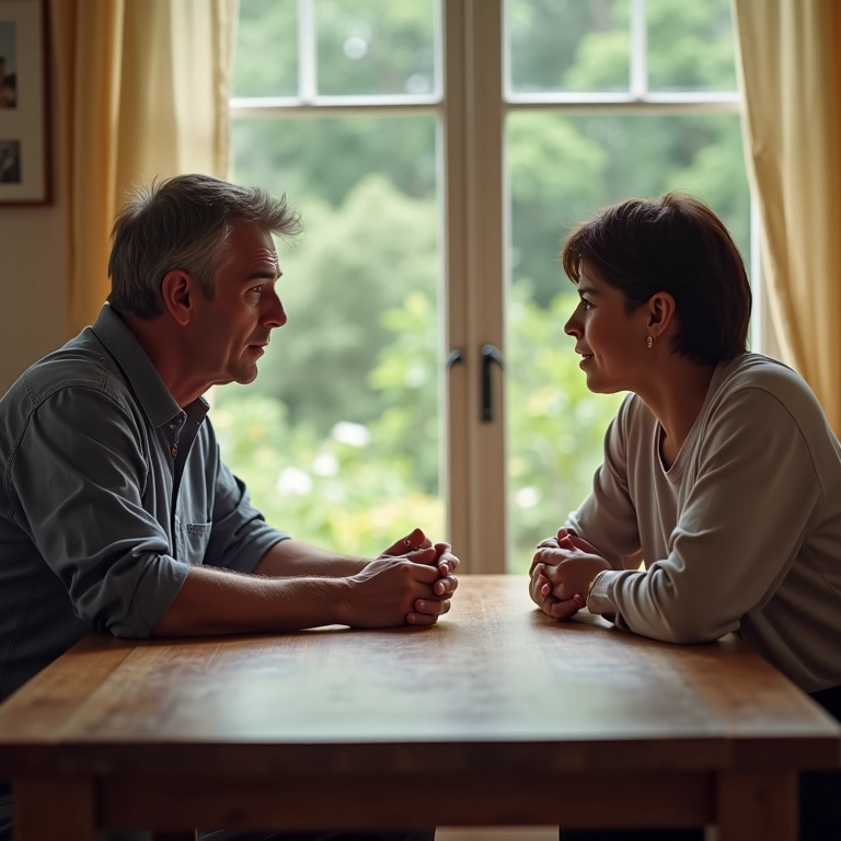 Casal conversando abertamente sobre responsabilidades na mesa de jantar.