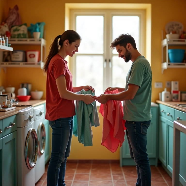 Casal dobrando roupa junto, simbolizando a importância de dividir as tarefas parentais.