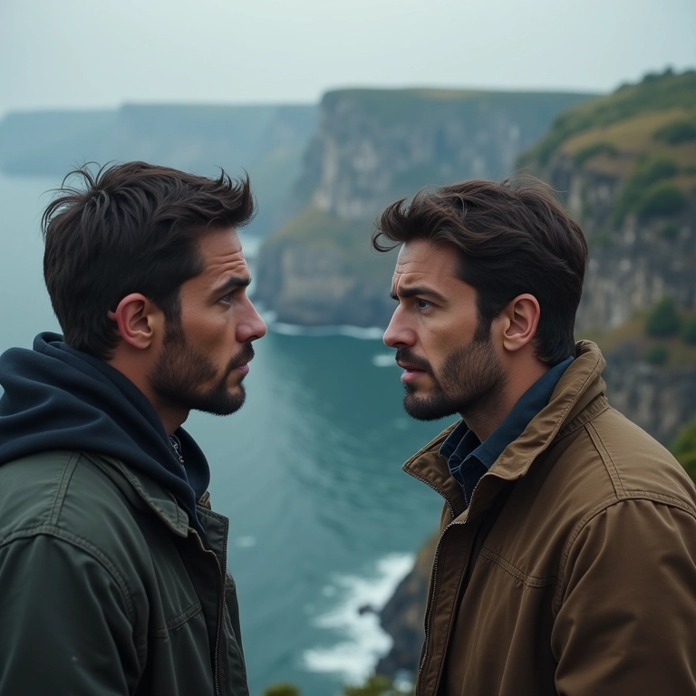 Casal em um cenário dramático, representando paixão e conflito familiar.