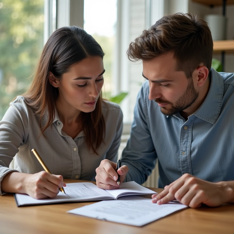 Casal planejando a divisão de tarefas em um caderno, de forma justa e igualitária.