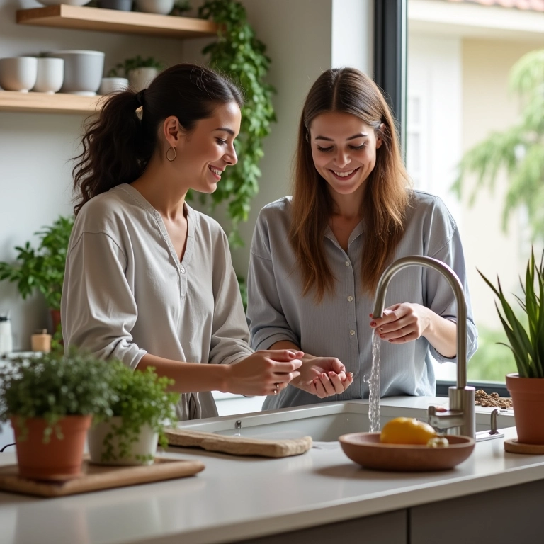 Tarefas parentais: Divida com amor Casal sorrindo e lavando louça juntos, dividindo tarefas parentais com amor.
